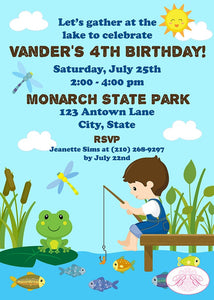Fishing Boy Birthday Party Invitation Lake Blue Green Fish Dock Swimming Boogie Bear Invitations Vander Theme Paperless Printable Printed