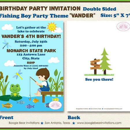 Fishing Boy Birthday Party Invitation Lake Blue Green Fish Dock Swimming Boogie Bear Invitations Vander Theme Paperless Printable Printed