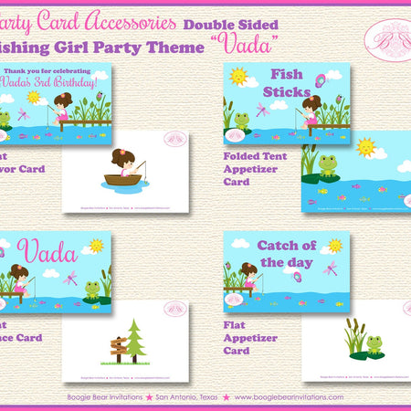 Fishing Girl Favor Birthday Party Card Tent Place Food Tag Lake Pink Appetizer River Fish Pole Dock Reel Boogie Bear Invitations Vada Theme