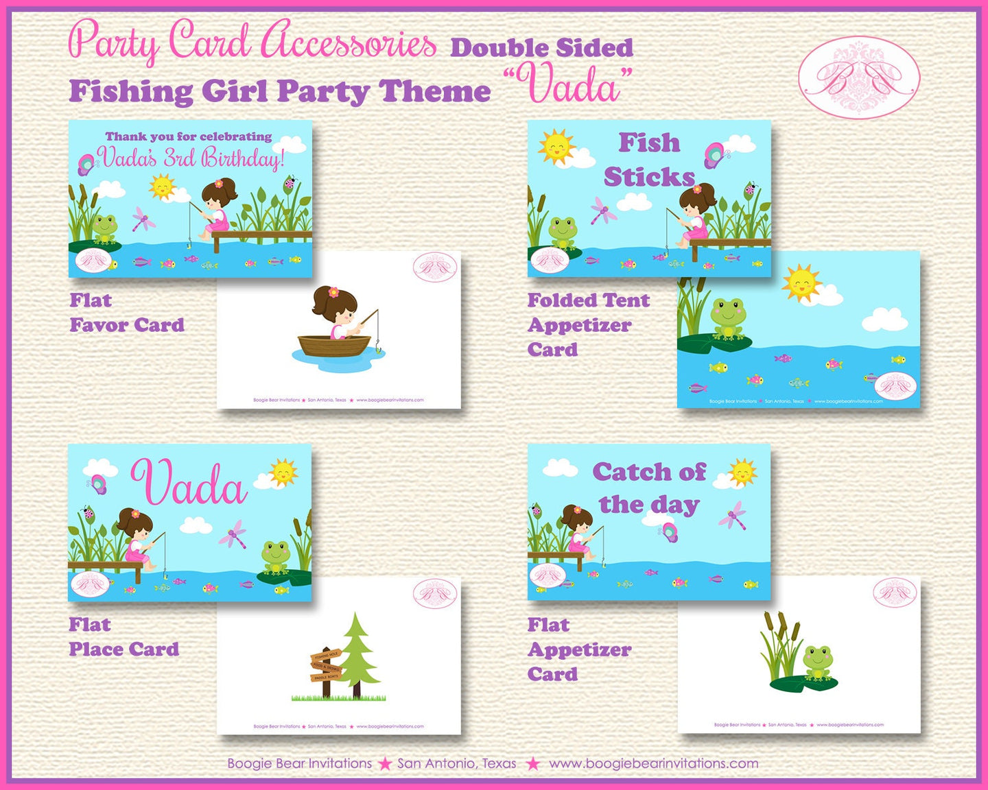 Fishing Girl Favor Birthday Party Card Tent Place Food Tag Lake Pink Appetizer River Fish Pole Dock Reel Boogie Bear Invitations Vada Theme