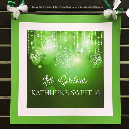 Green Glowing Ornaments Door Banner Birthday Party Sweet 16 Formal St. Patricks Day Christmas Holiday Boogie Bear Invitations Kathleen Theme
