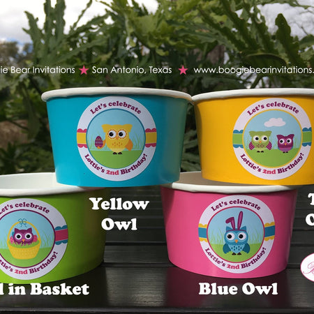 Easter Owls Birthday Party Treat Cups Food Candy Buffet Paper Appetizer Food Birthday Girl Boy Spring Boogie Bear Invitations Lottie Theme