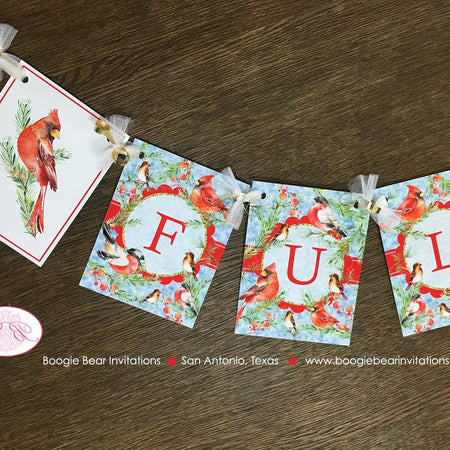 Red Cardinal Bird Christmas Party Banner Green Winter Snow Holiday Cheer Pine Holly Berry 1st Birthday Boogie Bear Invitations Fulton Theme