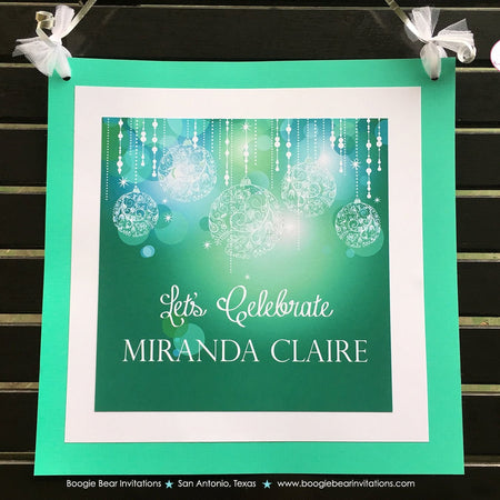 Green Glowing Ornaments Door Banner Birthday Party Sweet 16 Happy Blue Aqua Turquoise Formal Holiday Boogie Bear Invitations Miranda Theme