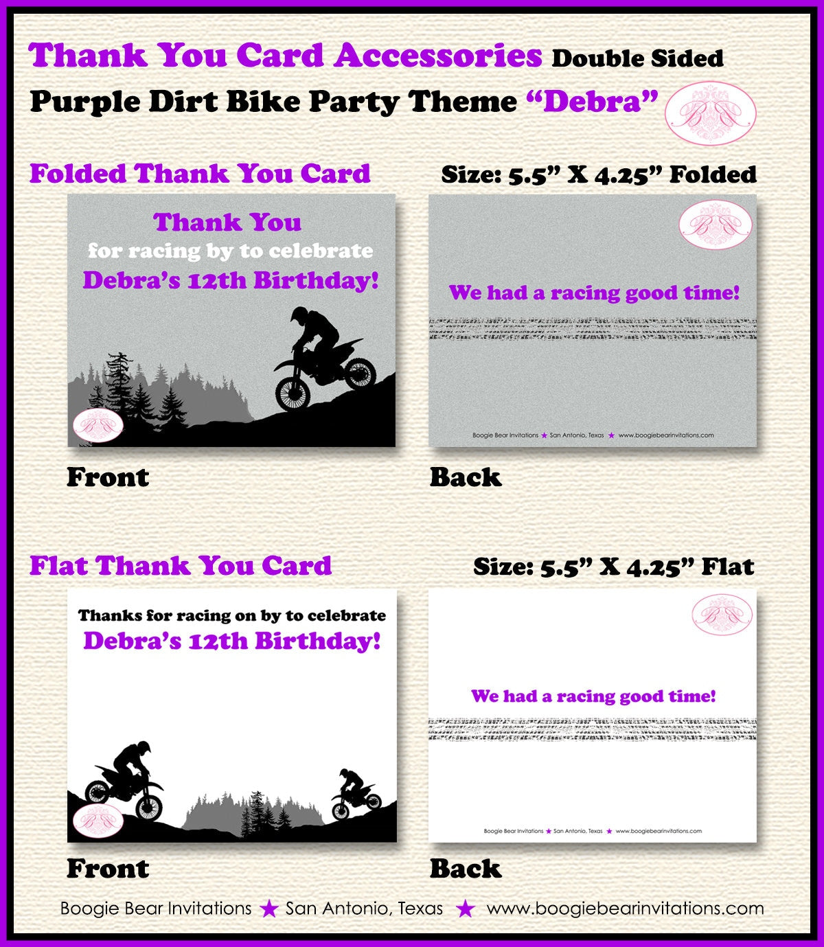 Dirt Bike Birthday Party Thank You Card Girl Purple Black 1st 2nd 3rd 4th 5th 6th 7th 8th 12th Boogie Bear Invitations Debra Theme Printed