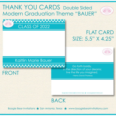 Modern Blue Graduation Thank You Cards High School Aqua Color Ribbon Stripe 2022 2023 2024 2025 Boogie Bear Invitations Bauer Theme Printed