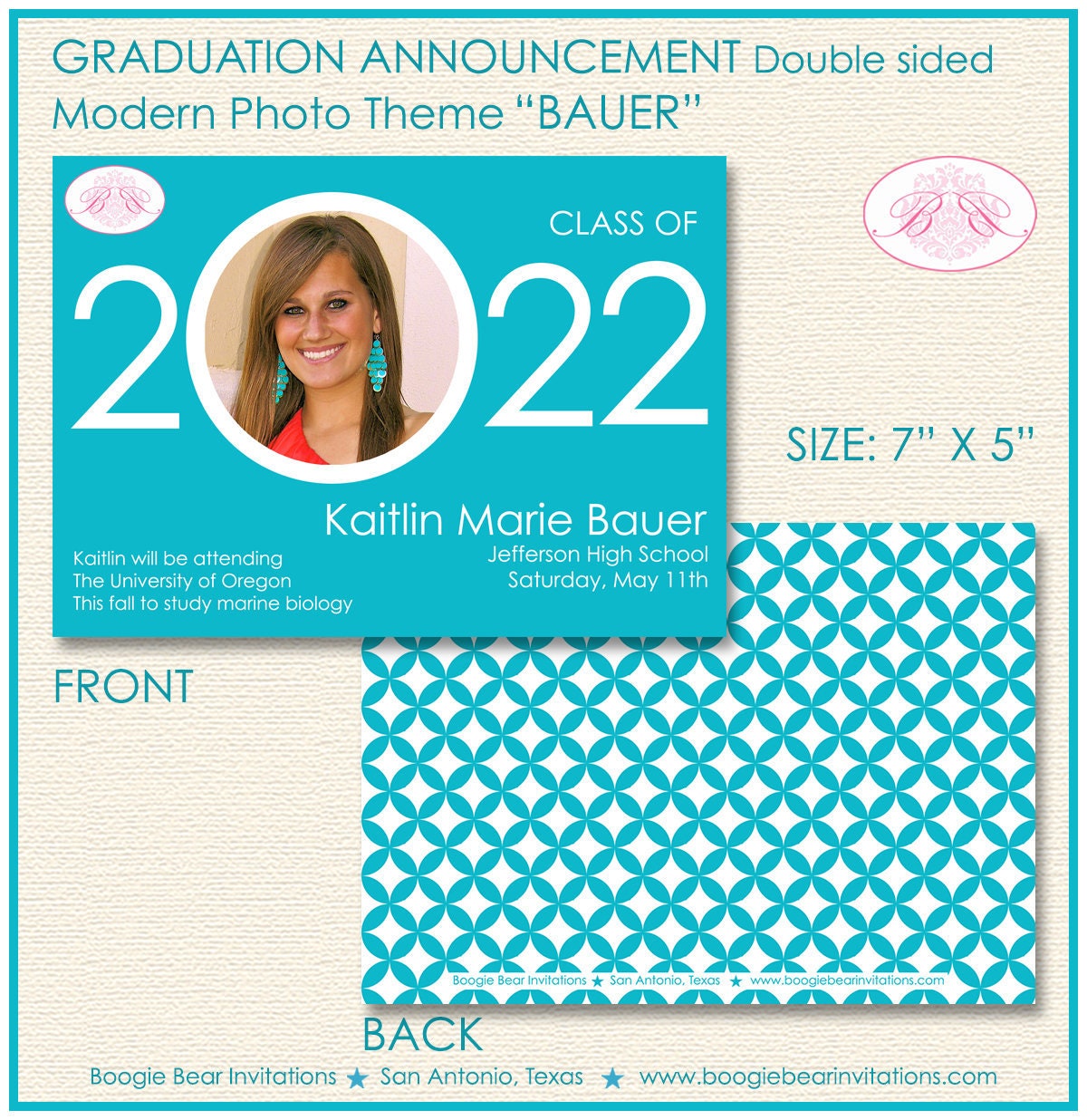 Modern Photo Graduation Announcement High School College 2022 2023 2024 2025 Boogie Bear Invitations Bauer Theme Paperless Printable Printed