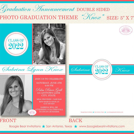 Modern Photo Graduation Announcement Party Red Aqua Blue 2022 2023 2024 2025 Boogie Bear Invitations Knox Theme Paperless Printable Printed