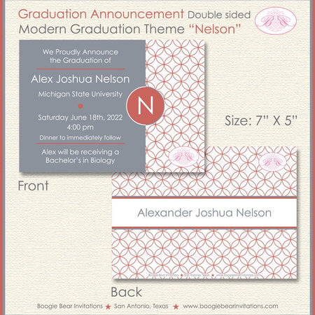 Modern Circles Graduation Announcement Grey Red White 2022 2023 2024 2025 Boogie Bear Invitations Nelson Theme Paperless Printable Printed