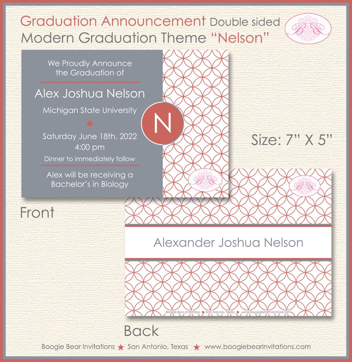 Modern Circles Graduation Announcement Grey Red White 2022 2023 2024 2025 Boogie Bear Invitations Nelson Theme Paperless Printable Printed