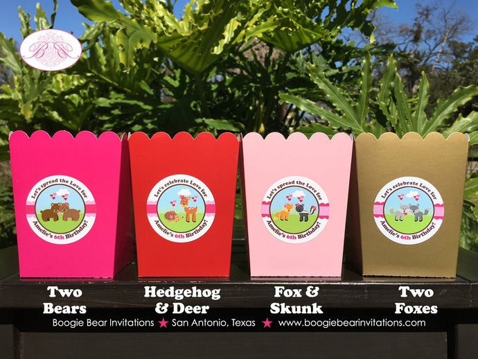 Valentines Day Woodland Birthday Popcorn Boxes Mini Food Buffet Party Love Pink Red Heart Love Girl Boy Boogie Bear Invitations Amelie Theme