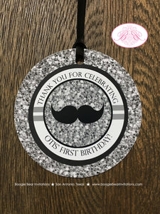 Mr. Wonderful Party Favor Tags Birthday 1st ONE Onederful Bow Tie Mustache Black Glitter Silver Grey Gray Boogie Bear Invitations Otis Theme