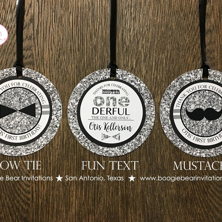 Mr. Wonderful Party Favor Tags Birthday 1st ONE Onederful Bow Tie Mustache Black Glitter Silver Grey Gray Boogie Bear Invitations Otis Theme