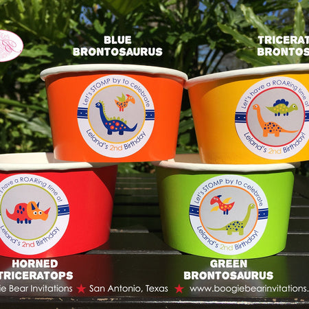 Little Dinosaur Party Treat Cups Candy Food Buffet Paper Birthday Orange Red Green Yellow Blue Stomp Boogie Bear Invitations Leland Theme