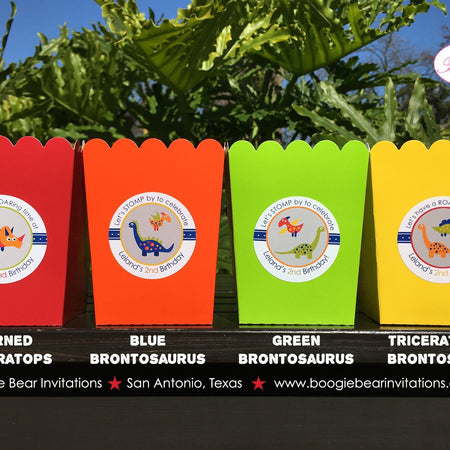Little Dinosaur Birthday Popcorn Boxes Mini Food Buffet Party Orange Red Green Yellow Blue Prehistoric Boogie Bear Invitations Leland Theme