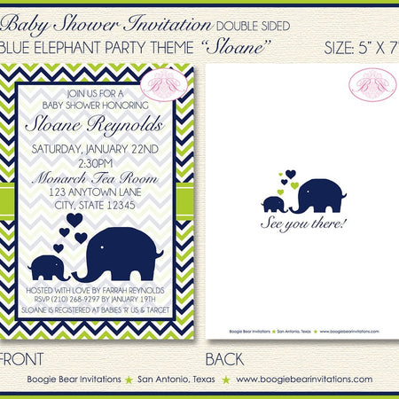 Blue Elephant Baby Shower Invitation Lime Green Navy Blue Chevron Boy Zoo Boogie Bear Invitations Sloane Theme Paperless Printable Printed
