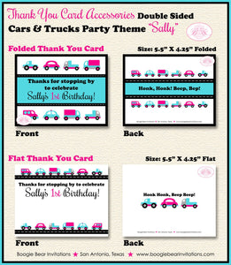 Cars Trucks Birthday Party Thank You Card Retro Note Girl Traffic Toy Pink Black Urban City Taxi Trip Boogie Bear Invitations Sally Theme Printed