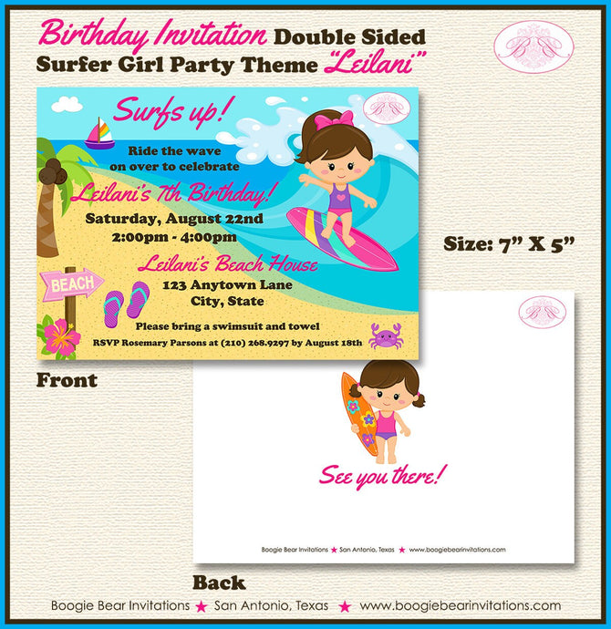 Surfer Girl Birthday Party Invitation Beach Pink Swim Swimming Surfing Boogie Bear Invitations Leilani Theme Paperless Printable Printed