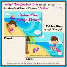 Load image into Gallery viewer, Surfer Girl Birthday Party Favor Card Tent Place Appetizer Food Sign Beach Surfing Surf Beach Ocean Boogie Bear Invitations Leilani Theme