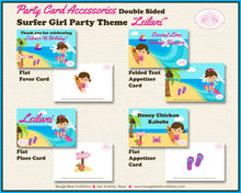 Load image into Gallery viewer, Surfer Girl Birthday Party Favor Card Tent Place Appetizer Food Sign Beach Surfing Surf Beach Ocean Boogie Bear Invitations Leilani Theme