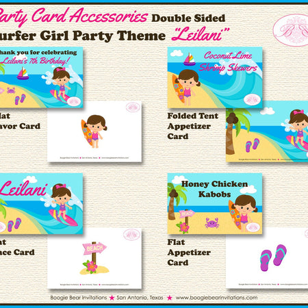Surfer Girl Birthday Party Favor Card Tent Place Appetizer Food Sign Beach Surfing Surf Beach Ocean Boogie Bear Invitations Leilani Theme