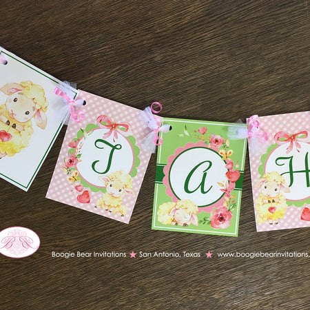 Pink Little Lamb Baby Shower Name Banner Farm Animals Sheep Flower Green Butterfly Girl Red Heart Rose Boogie Bear Invitations Tahlia Theme
