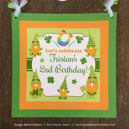 St. Patrick's Day Gnomes Door Banner Birthday Party Boy Girl Shamrock Green Orange Pot of Gold Charm Boogie Bear Invitations Tristan Theme