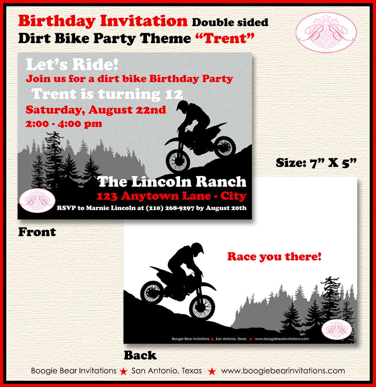 Dirt Bike Birthday Party Invitation Red Black Enduro Motocross Racing Motorcycle Track Girl Boy Boogie Bear Invitations Trent Theme Printed