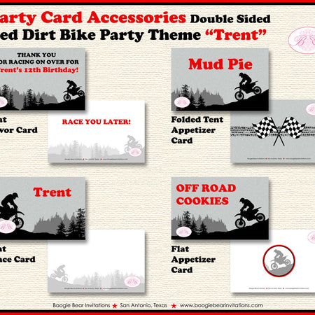 Dirt Bike Birthday Party Favor Card Tent Appetizer Place Food Red Enduro Motocross Racing Race Track Kid Boogie Bear Invitations Trent Theme