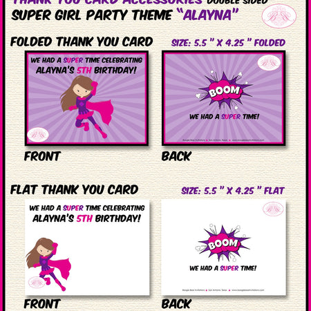 Superhero Girl Birthday Party Thank You Card Pink Supergirl Super Girl Cape Skyline City Comic Boogie Bear Invitations Alayna Theme Printed