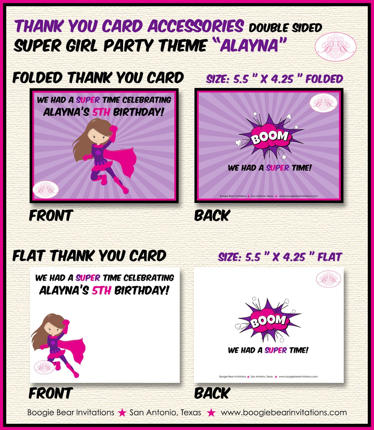 Superhero Girl Birthday Party Thank You Card Pink Supergirl Super Girl Cape Skyline City Comic Boogie Bear Invitations Alayna Theme Printed