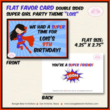 Load image into Gallery viewer, Superhero Girl Birthday Party Favor Card Tent Appetizer Food Place Tag Red Cape Comic Masked Super Girl Boogie Bear Invitations Lois Theme