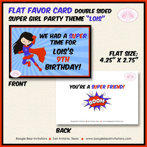 Superhero Girl Birthday Party Favor Card Tent Appetizer Food Place Tag Red Cape Comic Masked Super Girl Boogie Bear Invitations Lois Theme