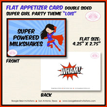 Load image into Gallery viewer, Superhero Girl Birthday Party Favor Card Tent Appetizer Food Place Tag Red Cape Comic Masked Super Girl Boogie Bear Invitations Lois Theme