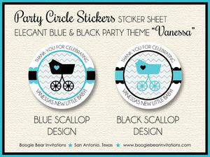 Blue Black Baby Shower Party Stickers Circle Sheet Round Chevron Aqua Modern Chic Boy Heart Stroller Boogie Bear Invitations Vanessa Theme