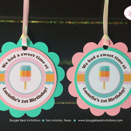 Pink Popsicle Birthday Party Favor Tags Ice Cream Orange Aqua Turquoise Vintage Retro Summer Boy Girl Boogie Bear Invitations Luciella Theme