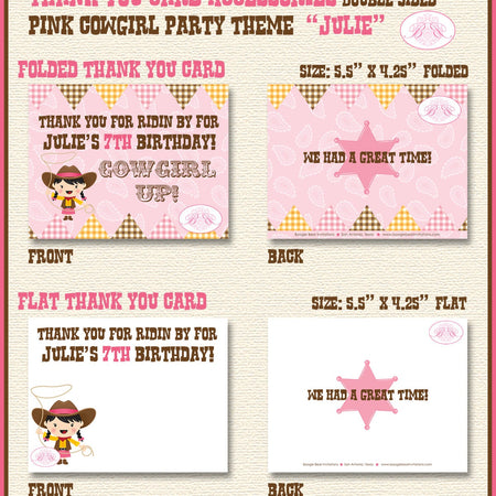 Pink Cowgirl Party Thank You Card Favor Birthday Girl Rodeo Sheriff Lasso Horse Boots Farm Horse Boogie Bear Invitations Julie Theme Printed