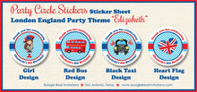 Load image into Gallery viewer, London England Birthday Party Stickers Circle Sheet Red Blue Girl Great Britain UK Royal Queen Crown Boogie Bear Invitations Elizabeth Theme