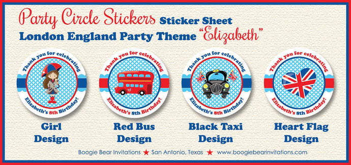 London England Birthday Party Stickers Circle Sheet Red Blue Girl Great Britain UK Royal Queen Crown Boogie Bear Invitations Elizabeth Theme