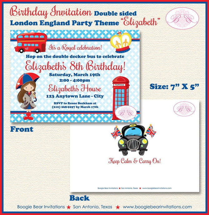 London England Birthday Party Invitation British Girl United Kingdom UK Boogie Bear Invitations Elizabeth Theme Paperless Printable Printed