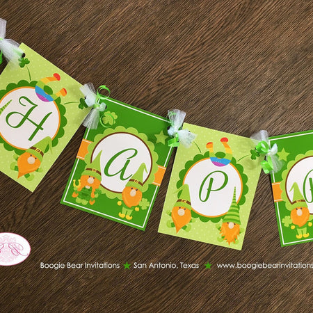 St. Patrick's Day Gnomes Happy Birthday Banner Party Boy Girl Lucky Green Orange 1st 2nd 3rd 4th 5th Boogie Bear Invitations Tristan Theme