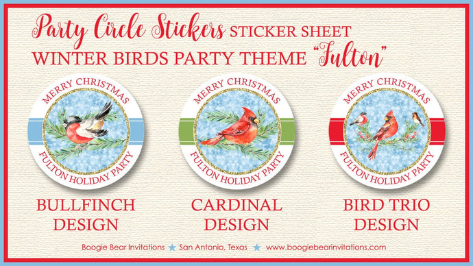Red Cardinal Bird Winter Party Stickers Circle Sheet Tag Round Girl Boy Green Gold Snow Christmas Cheer Boogie Bear Invitations Fulton Theme