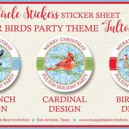 Red Cardinal Bird Winter Party Stickers Circle Sheet Tag Round Girl Boy Green Gold Snow Christmas Cheer Boogie Bear Invitations Fulton Theme