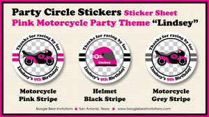 Pink Motorcycle Birthday Party Stickers Circle Sheet Round Girl Enduro Motocross Racing Race Track Boogie Bear Invitations Lindsey Theme