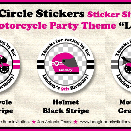 Pink Motorcycle Birthday Party Stickers Circle Sheet Round Girl Enduro Motocross Racing Race Track Boogie Bear Invitations Lindsey Theme