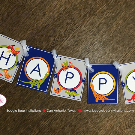 Little Dinosaur Happy Birthday Party Banner Girl Boy 1st 2nd 3rd 4th Orange Navy Blue Red Green Yellow Boogie Bear Invitations Leland Theme