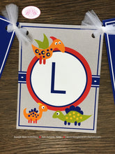 Load image into Gallery viewer, Little Dinosaur Birthday Name Party Banner Boy Girl Dino Red Green Orange Blue Yellow Silver Jurassic Boogie Bear Invitations Leland Theme
