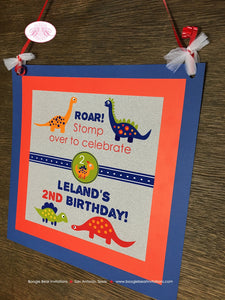 Little Dinosaur Birthday Party Door Banner Boy Girl Red Orange Yellow Green Silver Blue Stomp Jurassic Boogie Bear Invitations Leland Theme