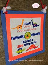 Load image into Gallery viewer, Little Dinosaur Birthday Party Door Banner Boy Girl Red Orange Yellow Green Silver Blue Stomp Jurassic Boogie Bear Invitations Leland Theme