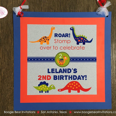 Little Dinosaur Birthday Party Door Banner Boy Girl Red Orange Yellow Green Silver Blue Stomp Jurassic Boogie Bear Invitations Leland Theme